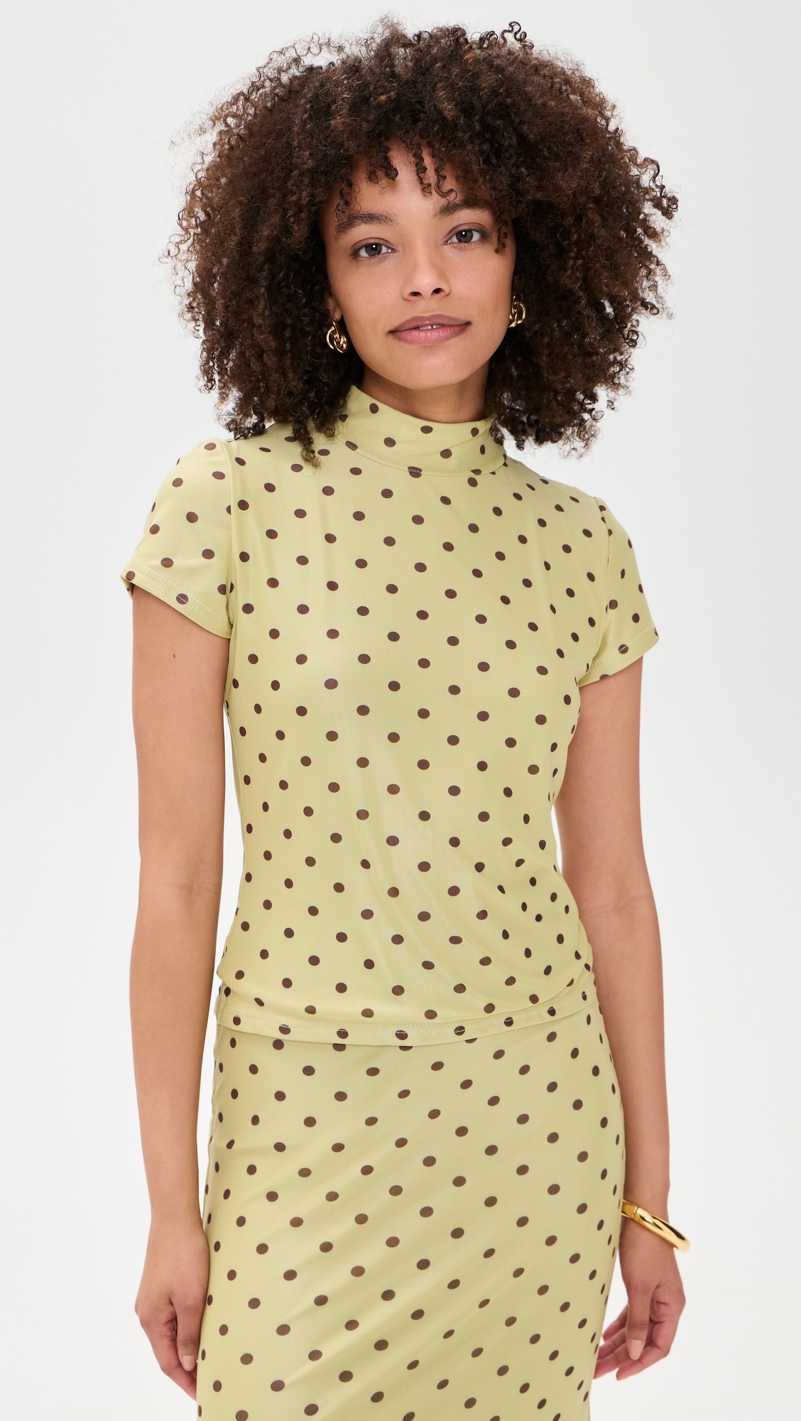 Polka Dot Mesh High Neck Top Pistachio/Brown