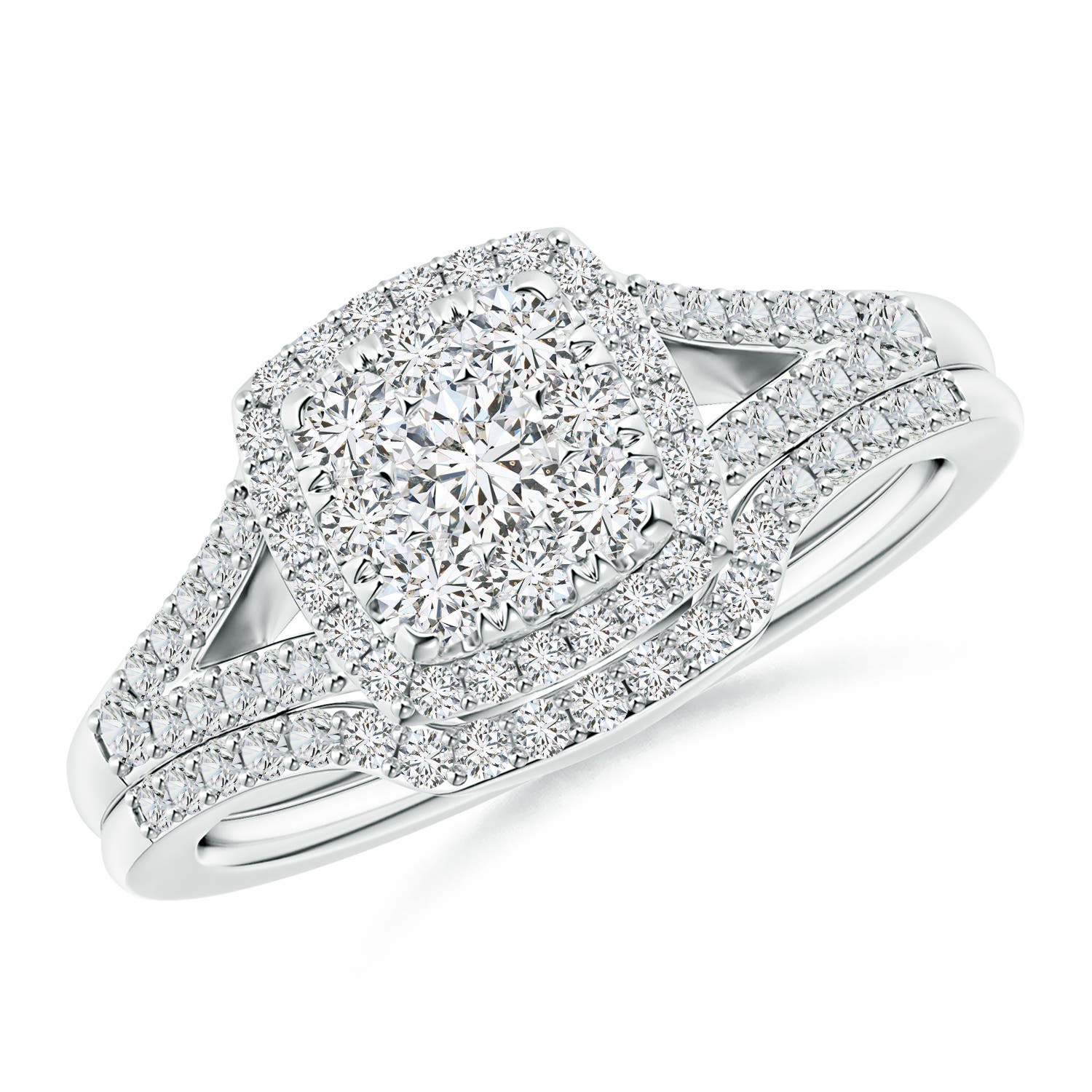 Angara 1.02 Carats Cushion Composite Diamond Halo Split Shank Bridal Set in Platinum