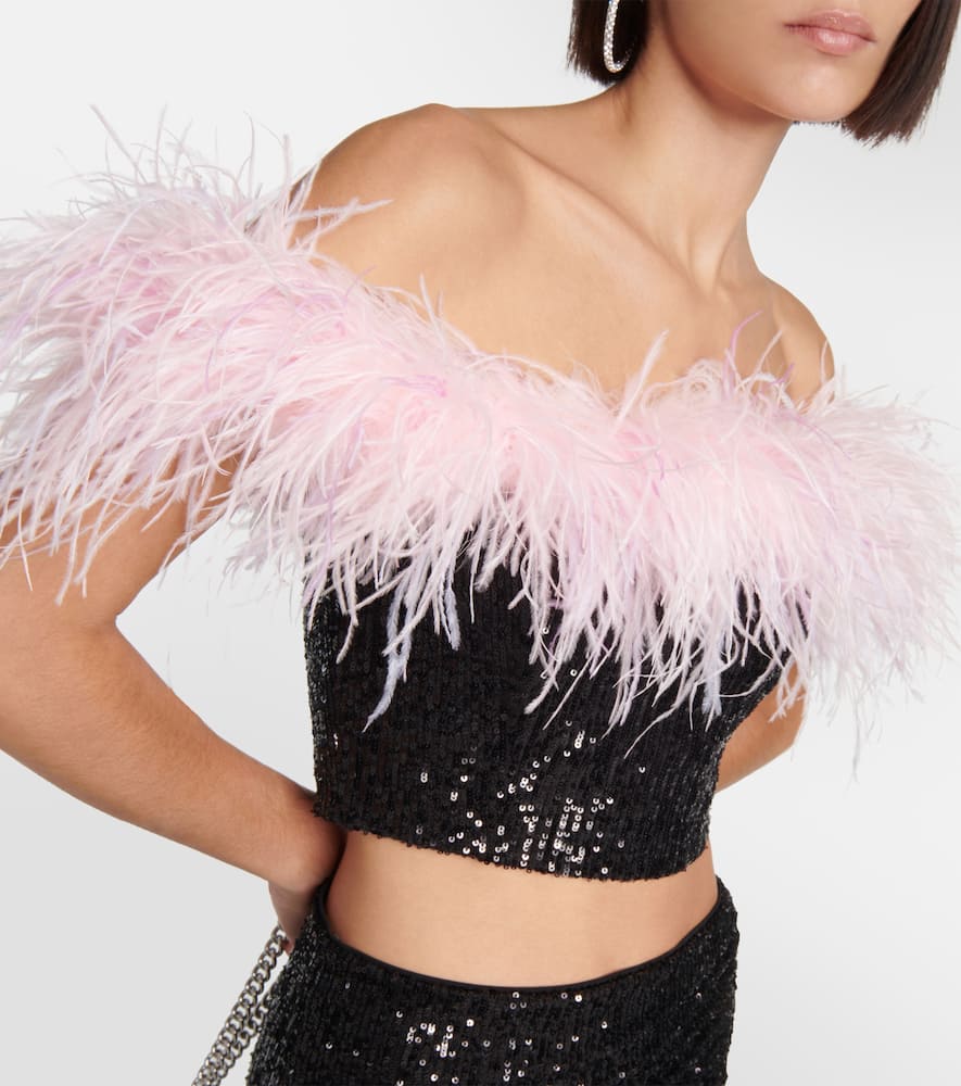 Self-Portrait Feather-trimmed sequined minidress