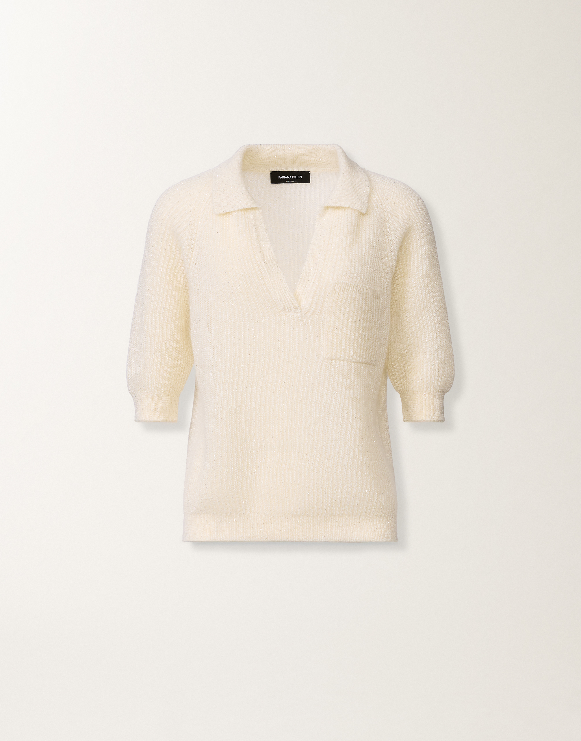Mohair polo with sequins, raffia