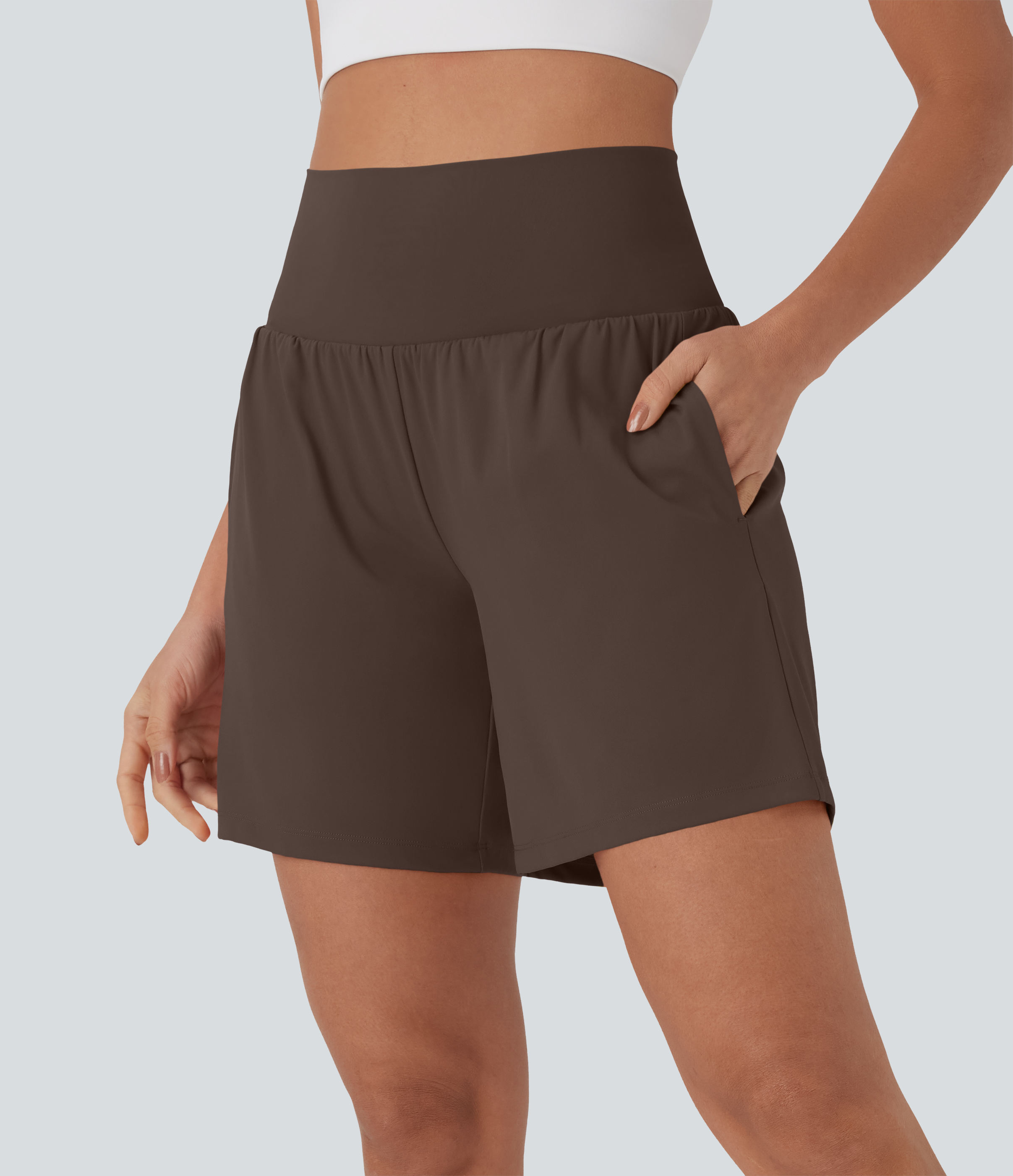 "SoftlyZero™ Airy Super High Waisted 2-in-1 Cool Touch Yoga Shorts 7"" with Pockets Gym Short - Chocolate Martini