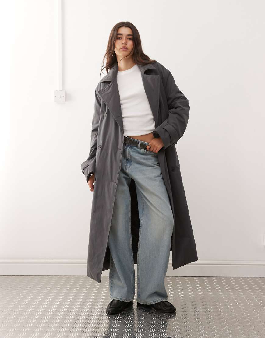 Oversized padded trench coat in dark grey