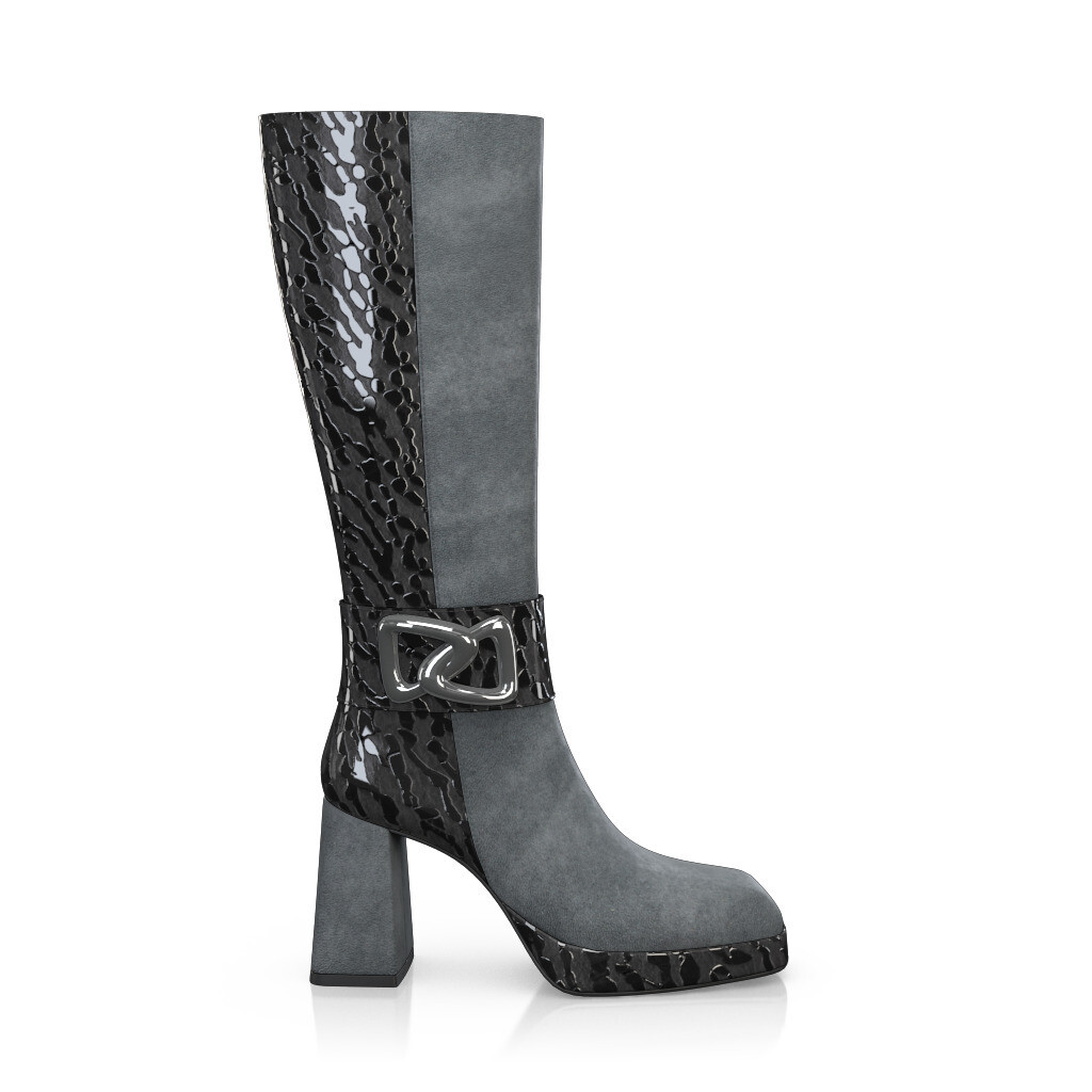 Bottes à bout carré, plateforme et talon évasé Femme Faites main en Italie en Cuir Gris Perle - Sur Mesure, Haut, Accents métalliques, Zip
