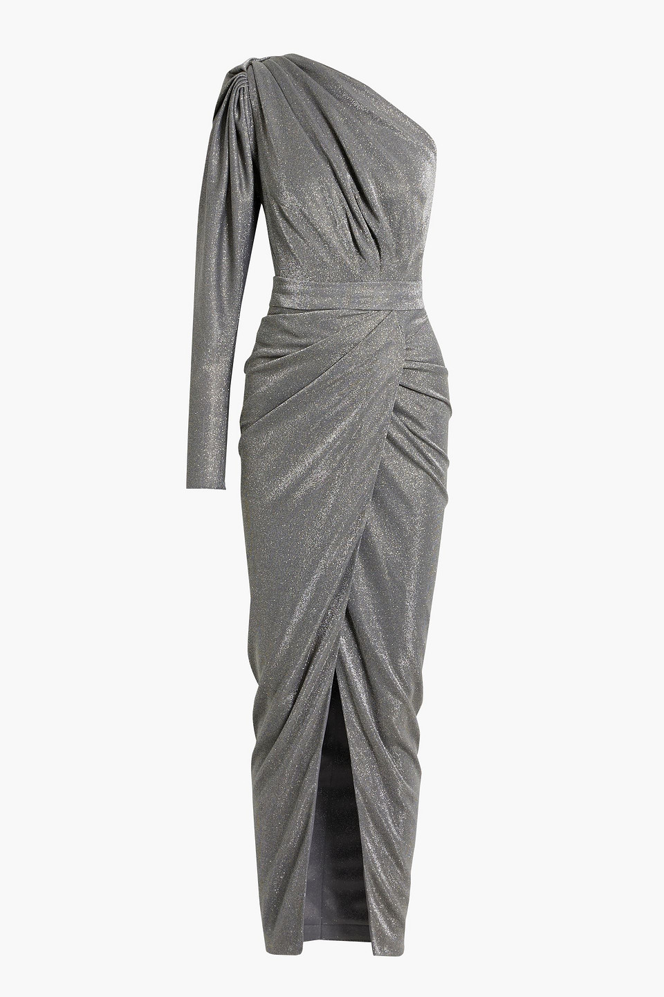 One-sleeve draped glittered jersey gown