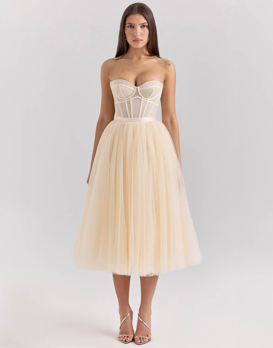 House of CB Darling vintage cream tulle midi dress in vintage cream-Neutral