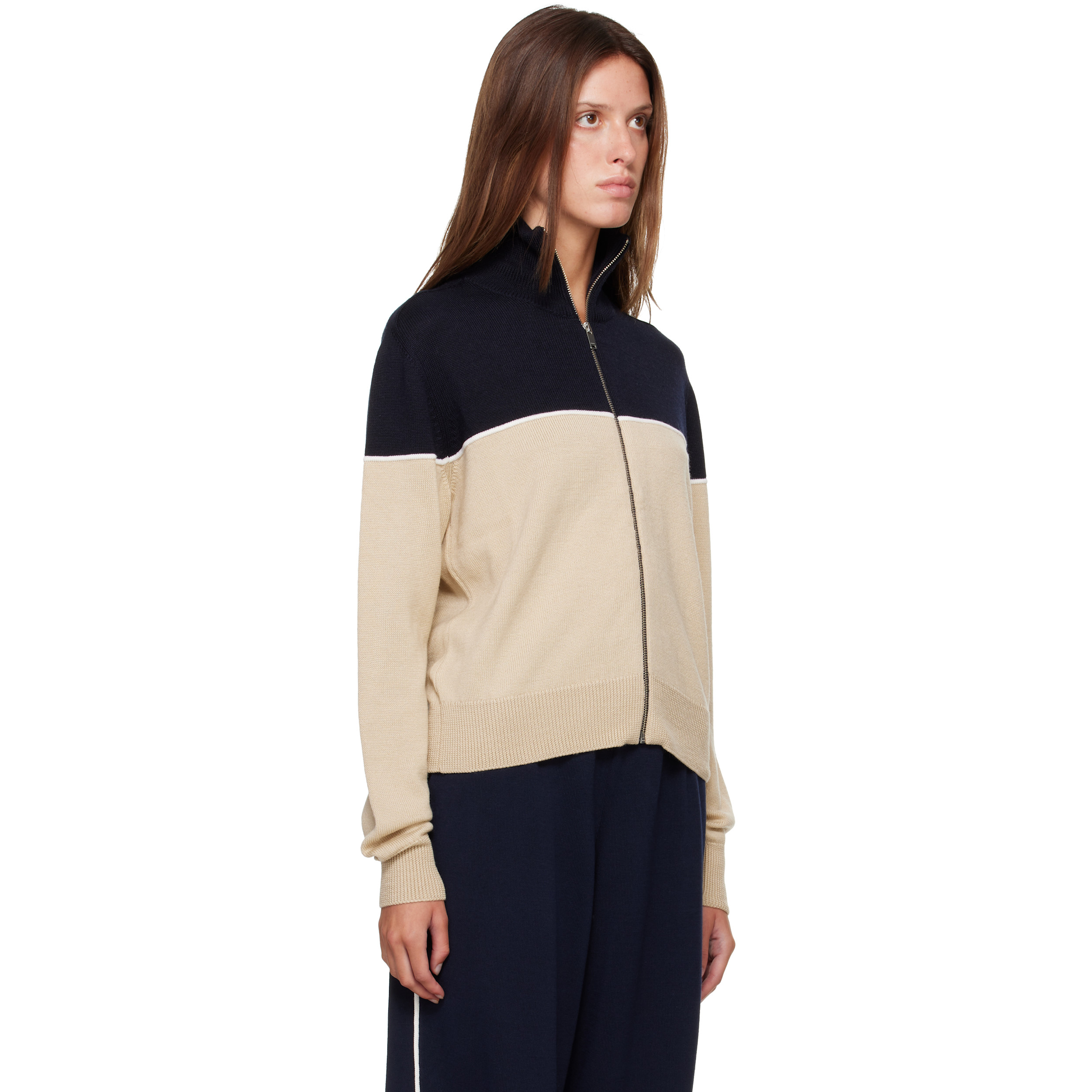Off-White & Navy Extrafine Merino Wool Sporty Cardigan