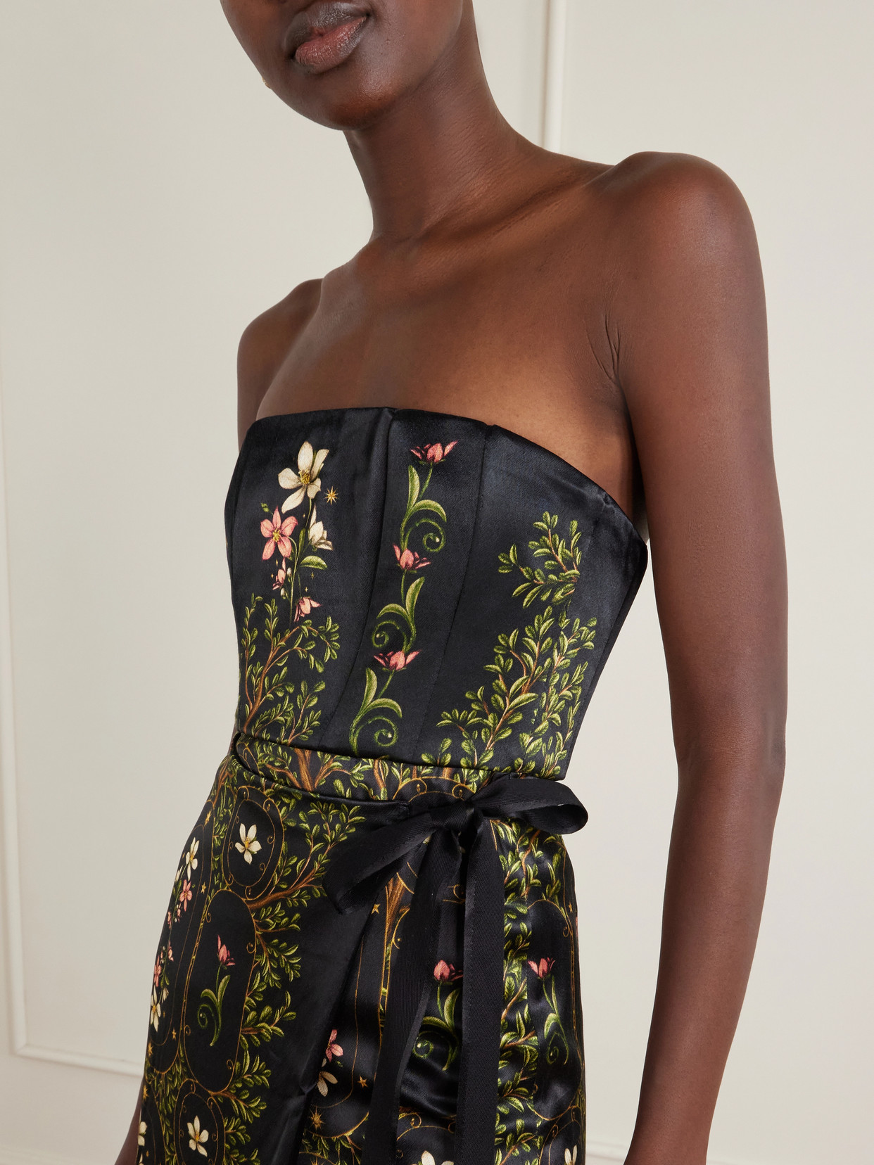Floral-print Embellished Satin Midi Dress - Black