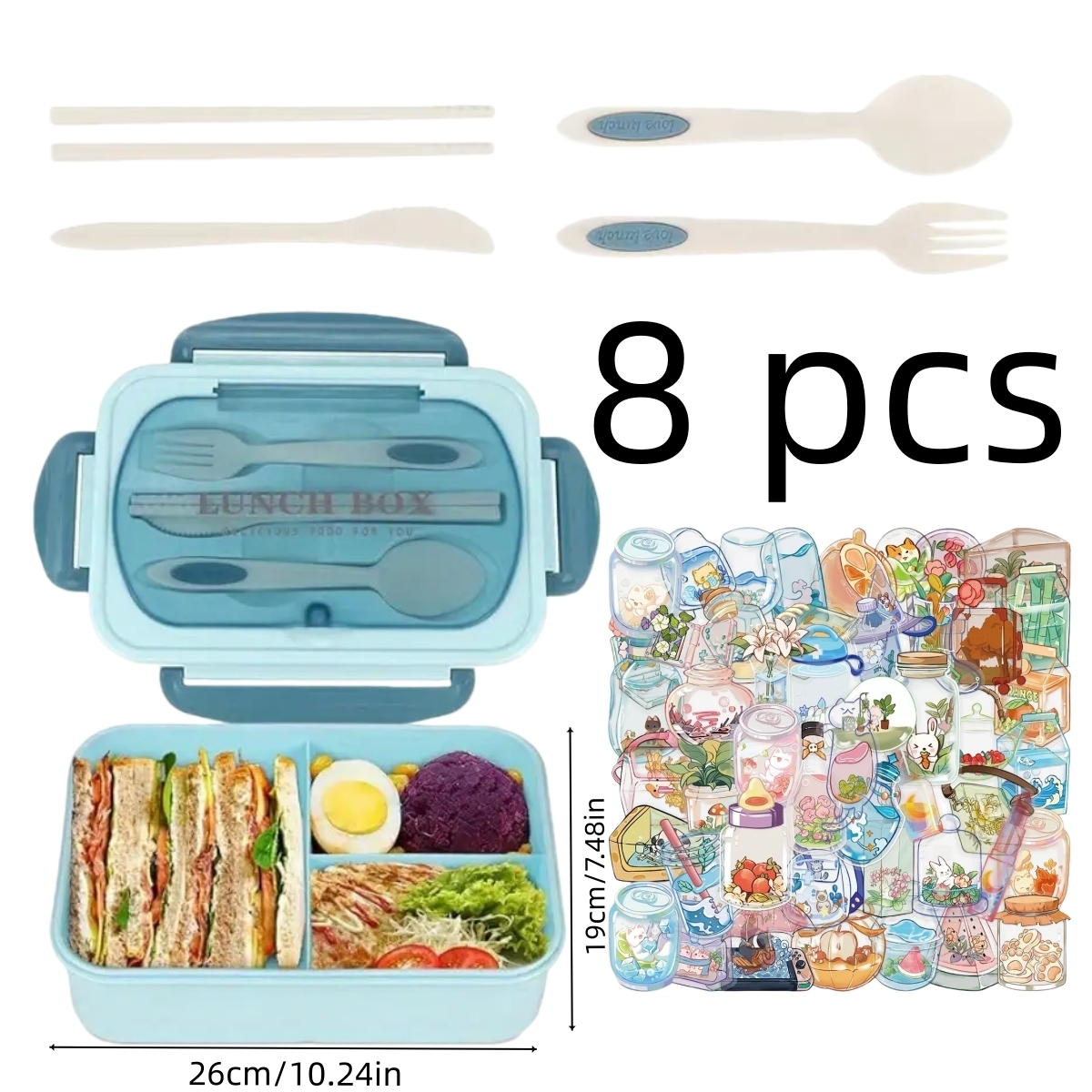 TEMU 8pcs Bento Lunch Box Set With Utensils fork, Chopsticks, Knife, Spoon - Microwave-safe Plastic Containers, Transparent Lids, Decorative