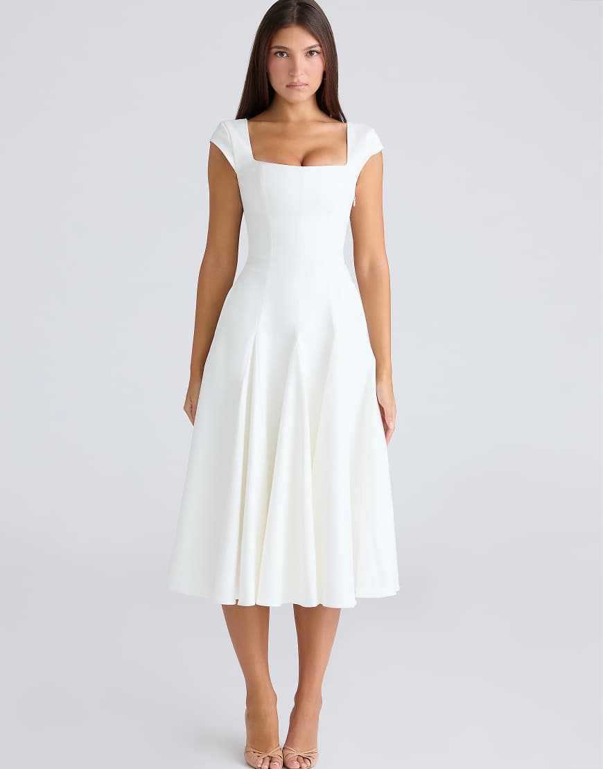Raisa white square neck twill midi dress in white