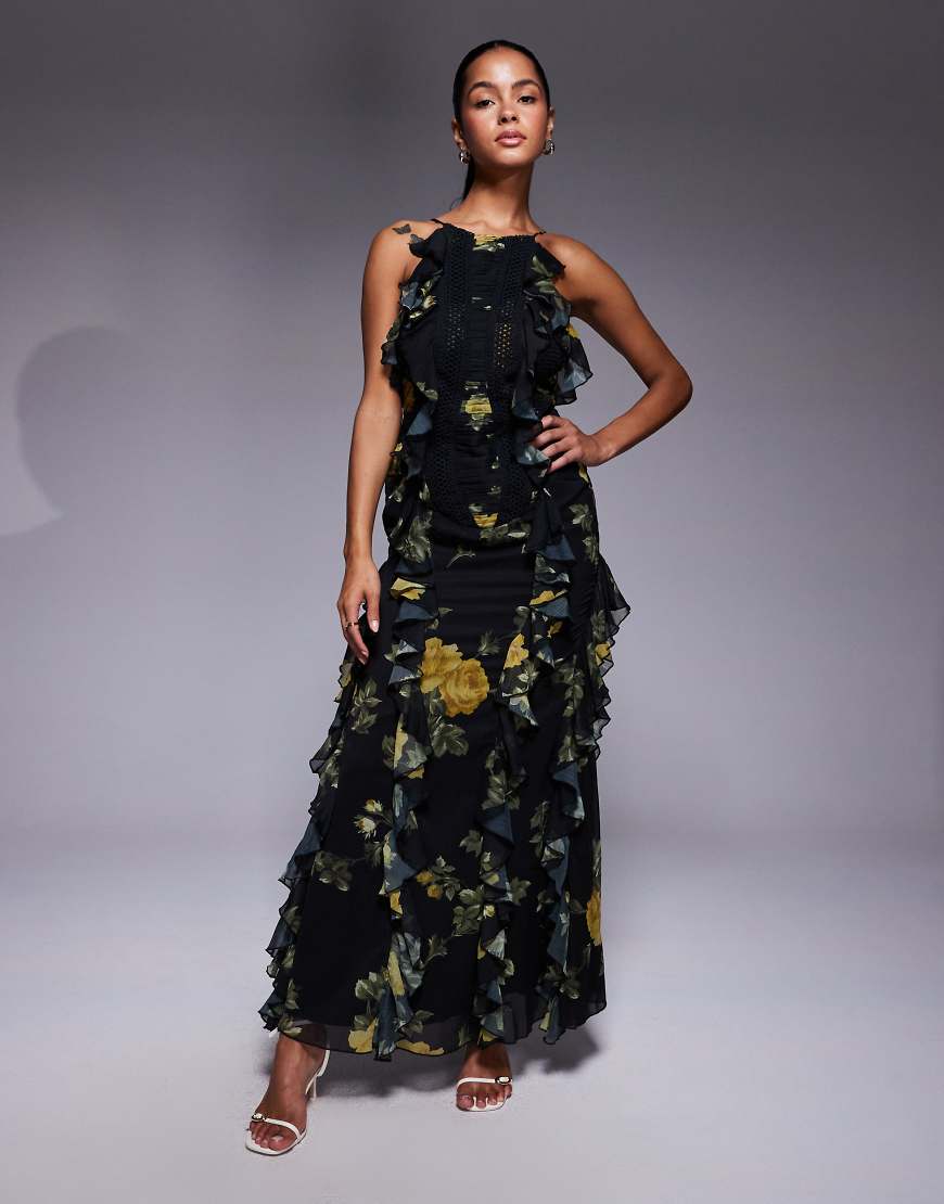 Ladder trim ruffle maxi dress in floral print-Multi