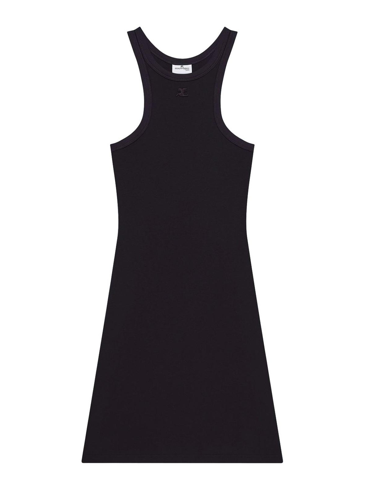 Black Cotton Mini Dress With High Neck And Sleeveless Design