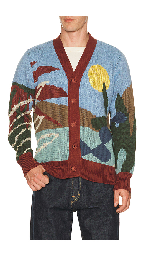 Far Afield Buckley Cardigan Sweater in Brick,Blue. S. Also in L, M, XL/1X