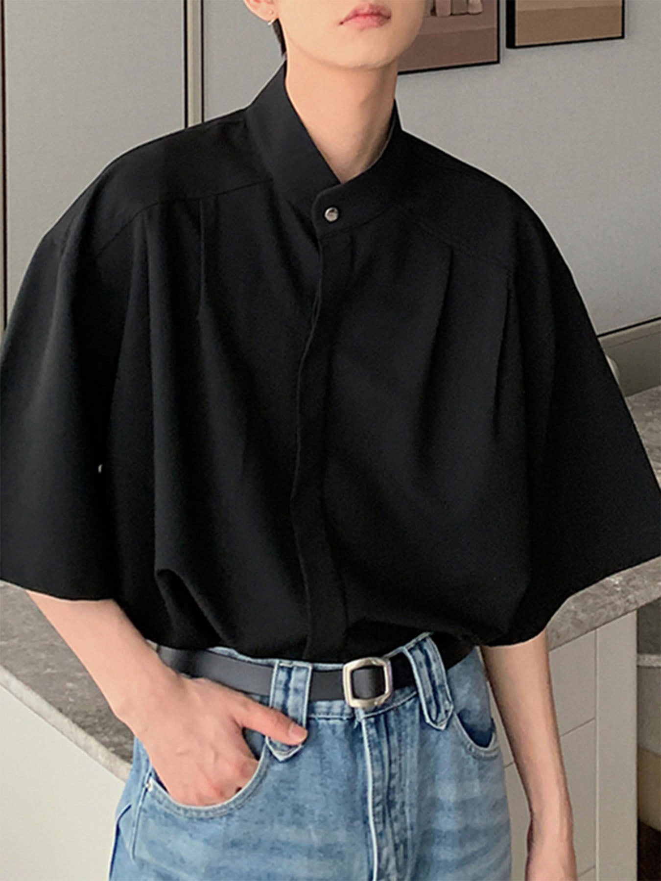 Mens Solid Pleated Concealed Placket Shirt SKUK15664 - Black / S
