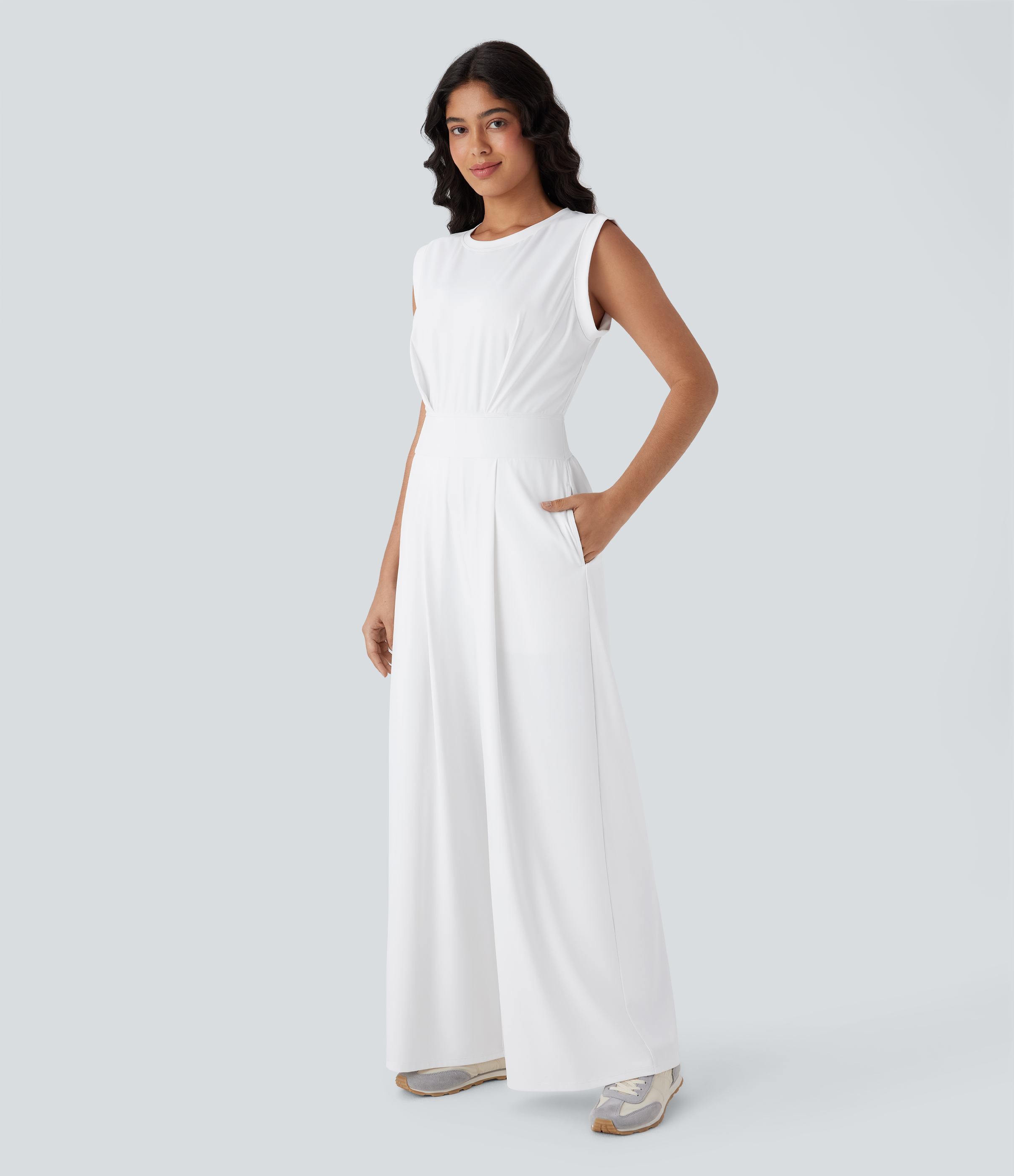 Halara Softlyzero™ QuickDry Round Neck Sleeveless Keyhole Back Side Pocket Yoga Jumpsuit-Easy Peezy Edition - White - XLregular