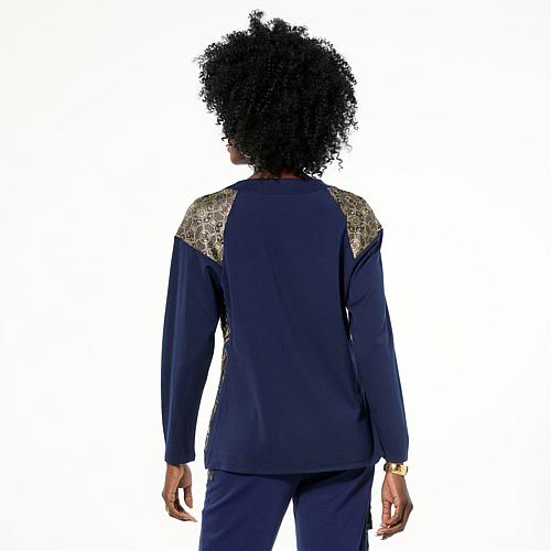 Byron Lars Jacquard and Ponte Knit Long-Sleeve Crewneck Top - Gold/Indigo Multi