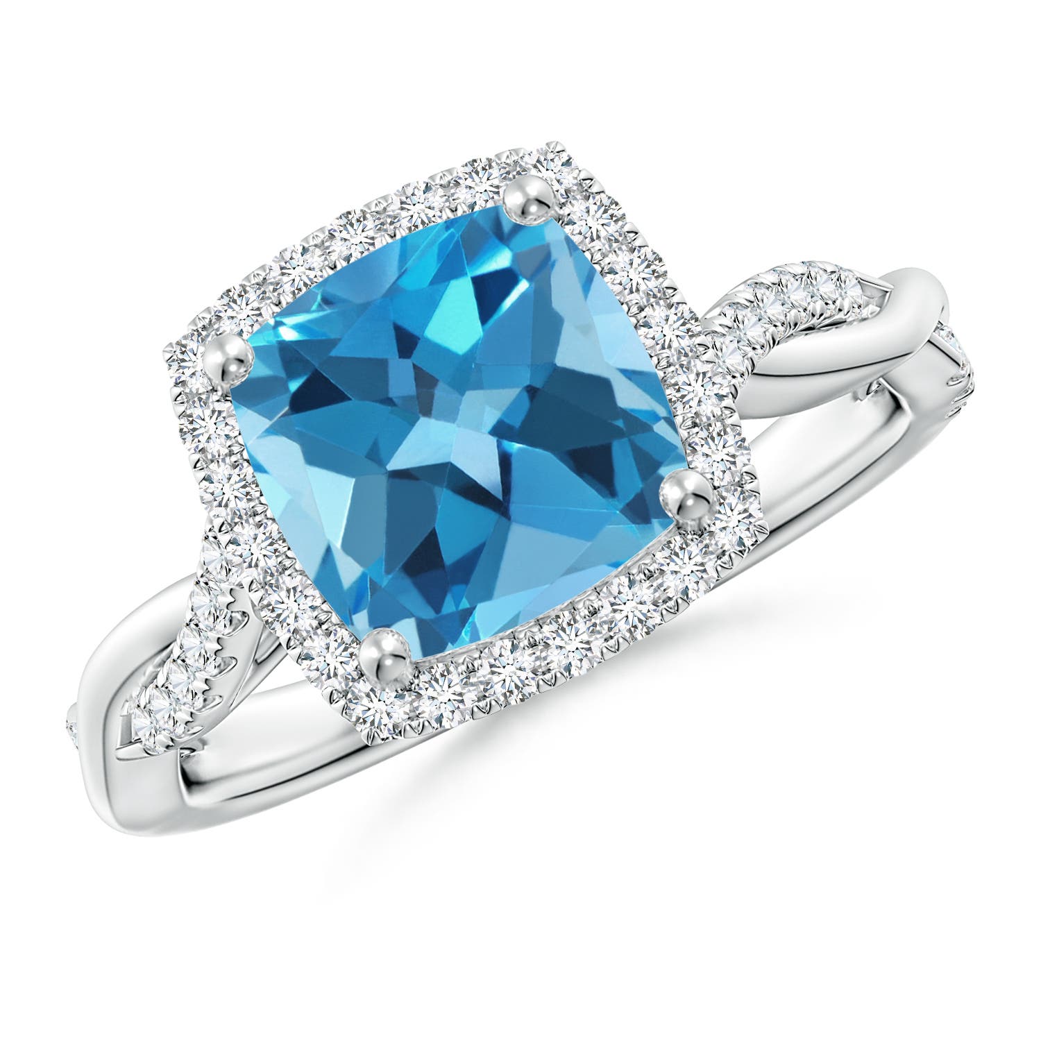 Angara 2.5 Carats Twisted Shank Cushion Swiss Blue Topaz Halo Engagement Ring in Platinum