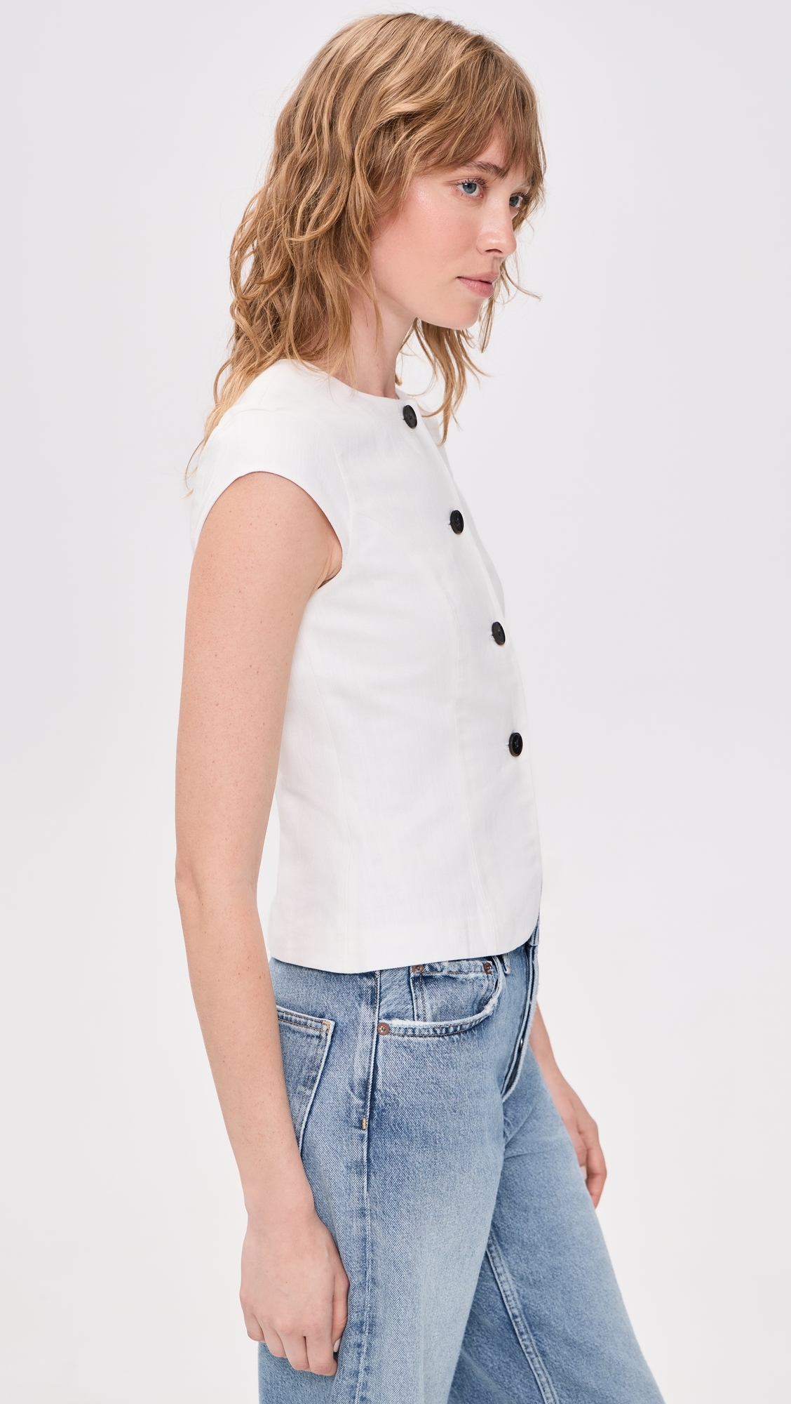 Connie Linen Mix Button Up Top White