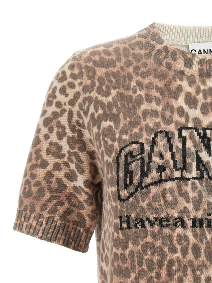 Ganni - Graphic Wool Mix Printed Leopard T-Shirt Animalier