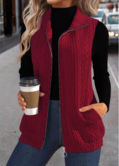 Modlily Wine Red Jacquard Sleeveless Stand Collar Waistcoat