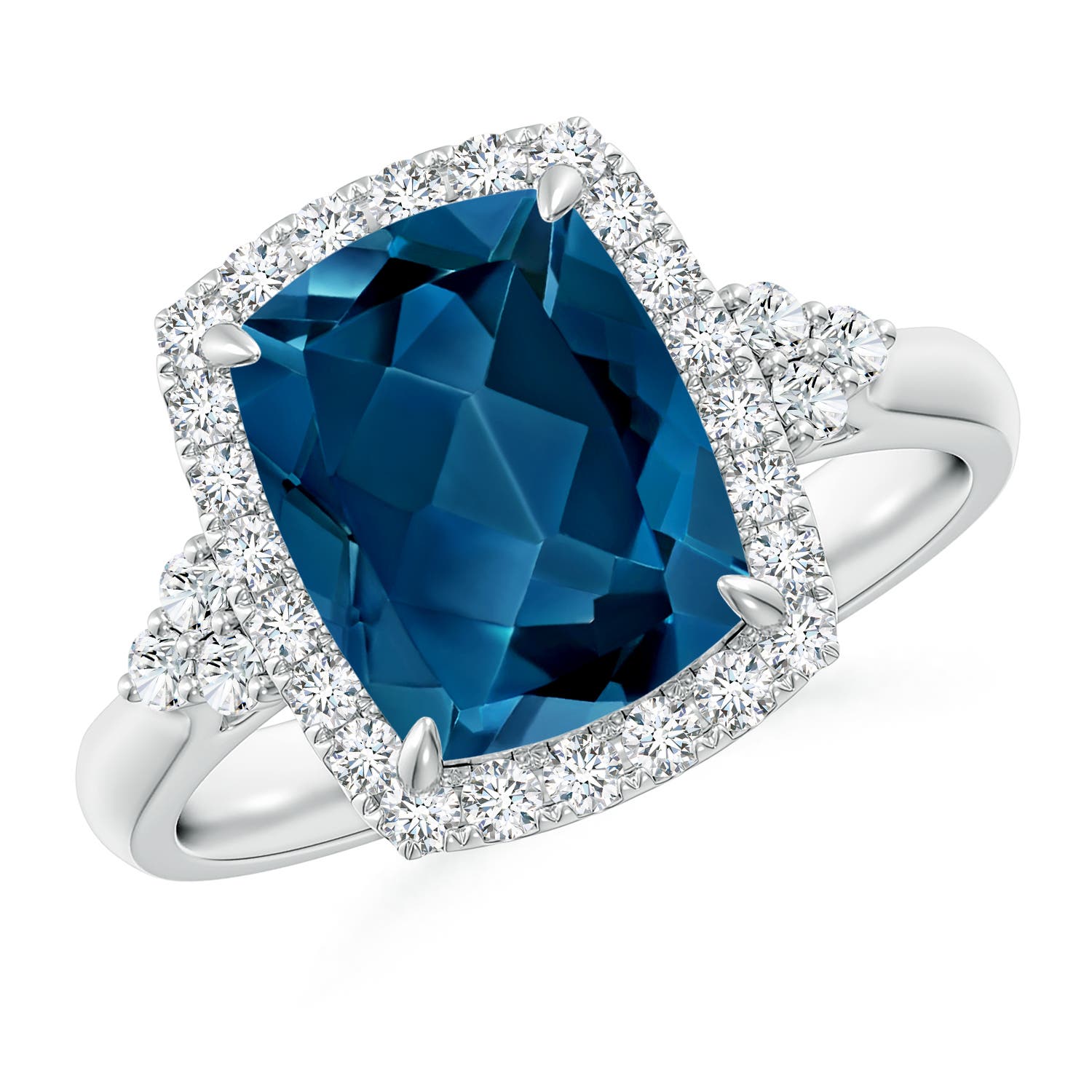 Angara 3.2 Carats Cushion London Blue Topaz Halo Ring with Trio Diamonds in Platinum