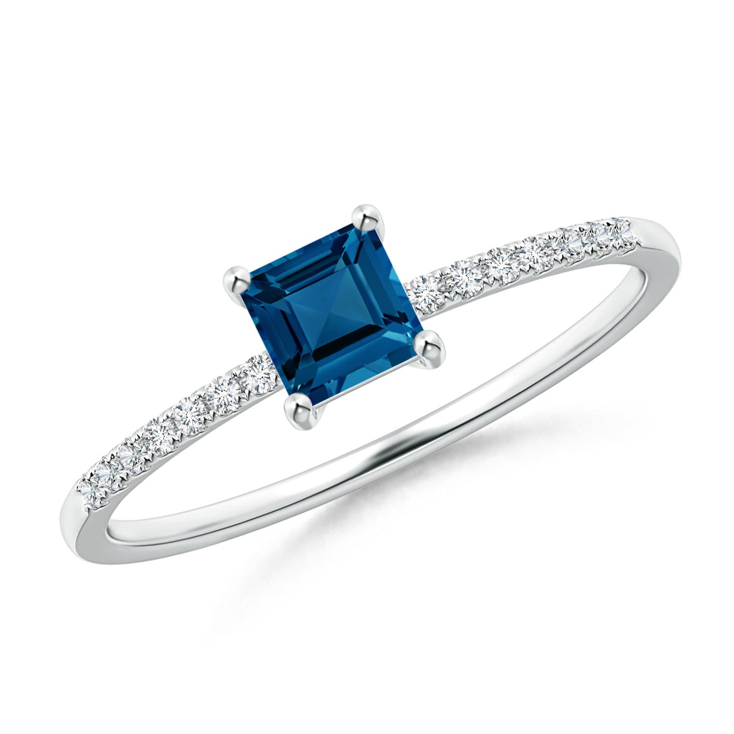 Angara 0.44 Carat Square London Blue Topaz Ring with Diamond Studded Shank in Platinum