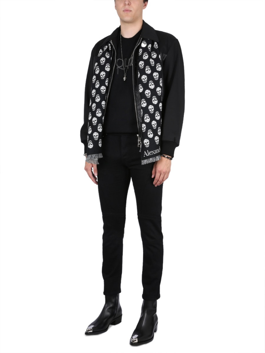 Black Leather And Fabric Bomber Jacket