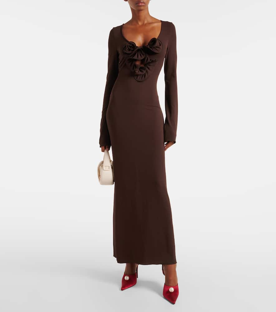 Floral-appliqué jersey maxi dress