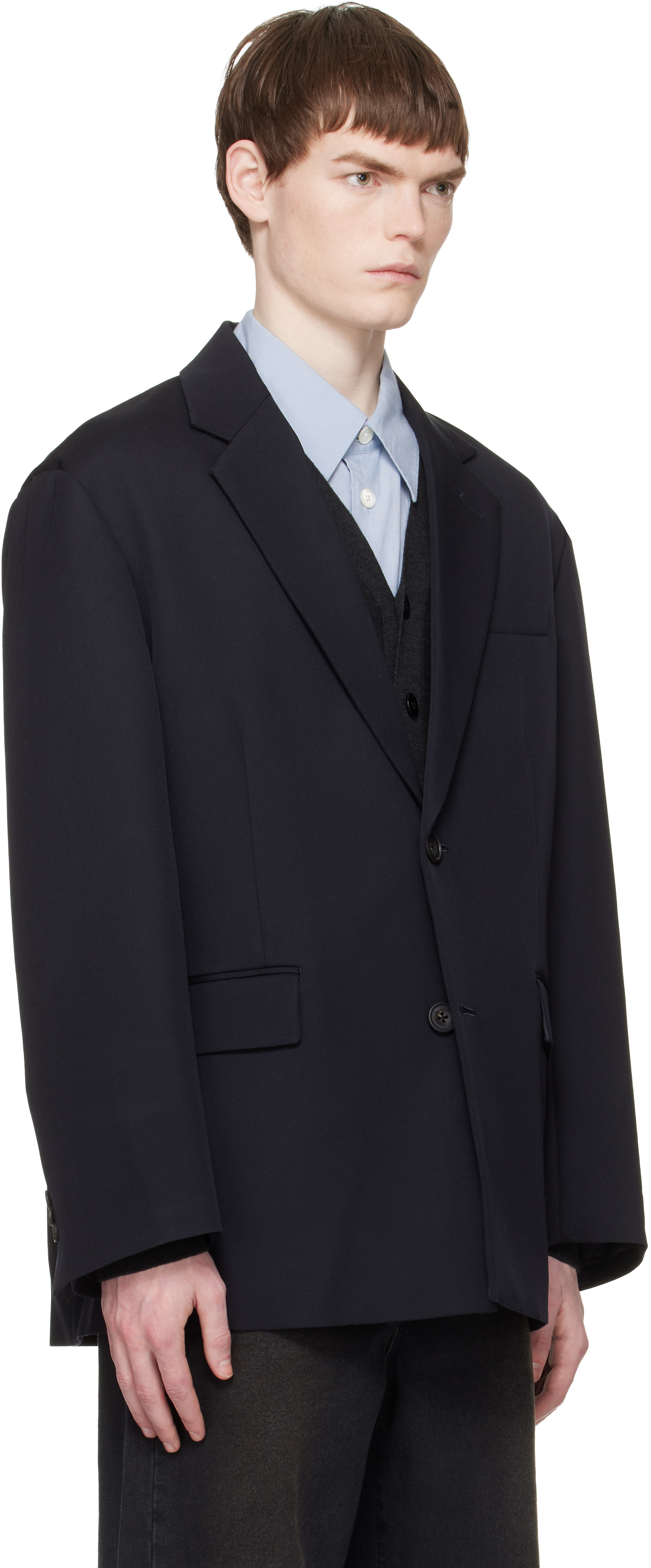 Navy Wool Kersey Oversized Single Breasted Blazer
