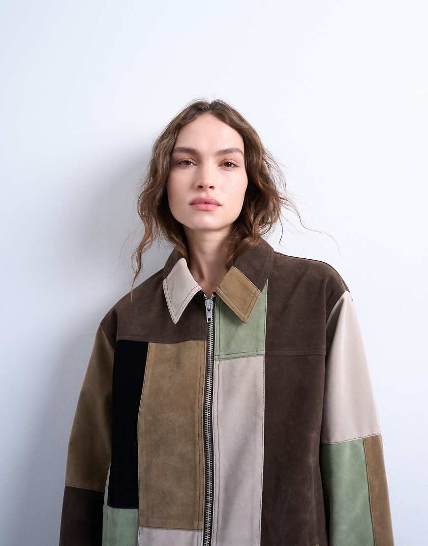 Faux suede patchwork bomber jacket in multi