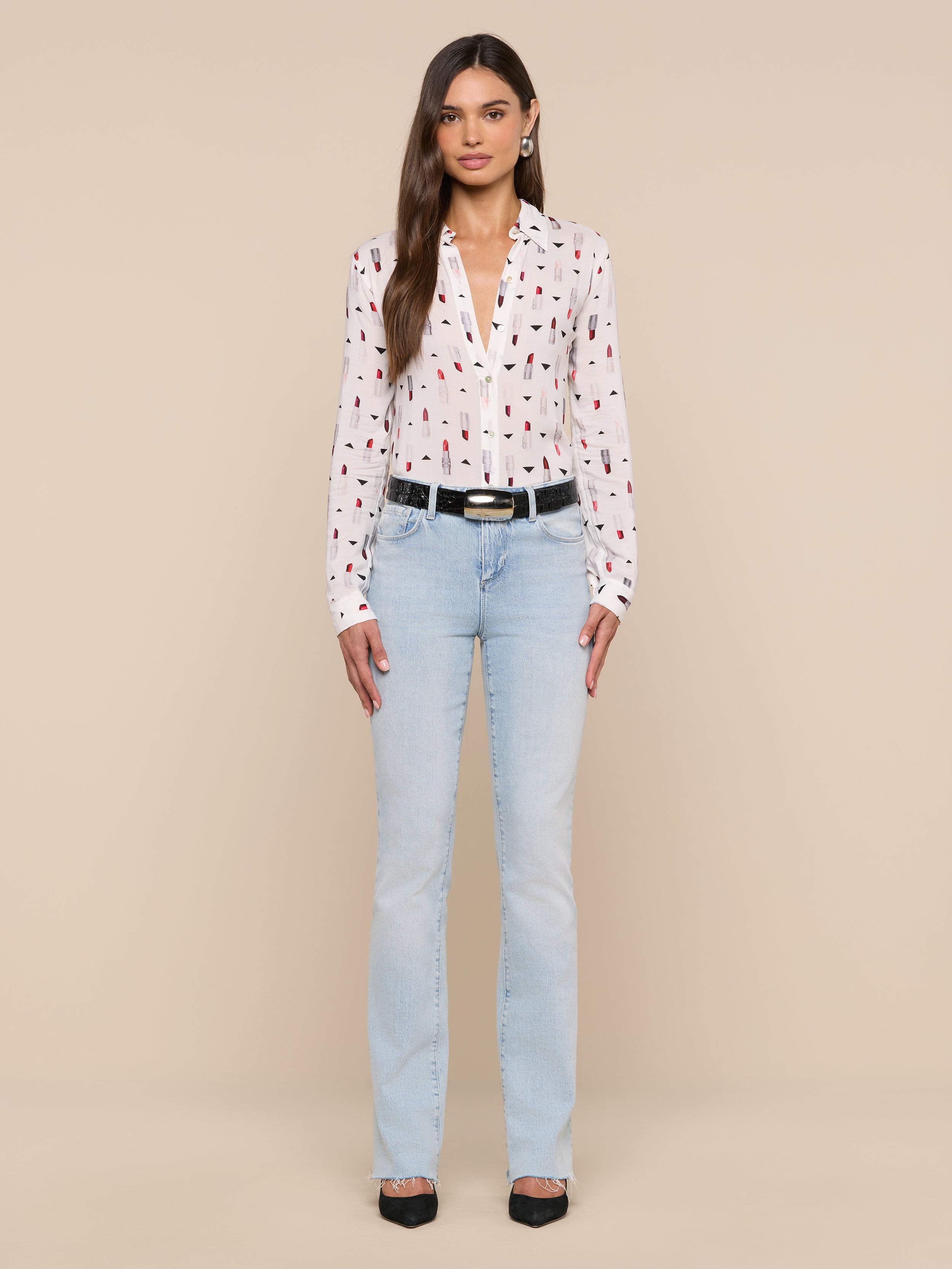 Holly Blouse Top In Ivory Multi Lipstick Geo