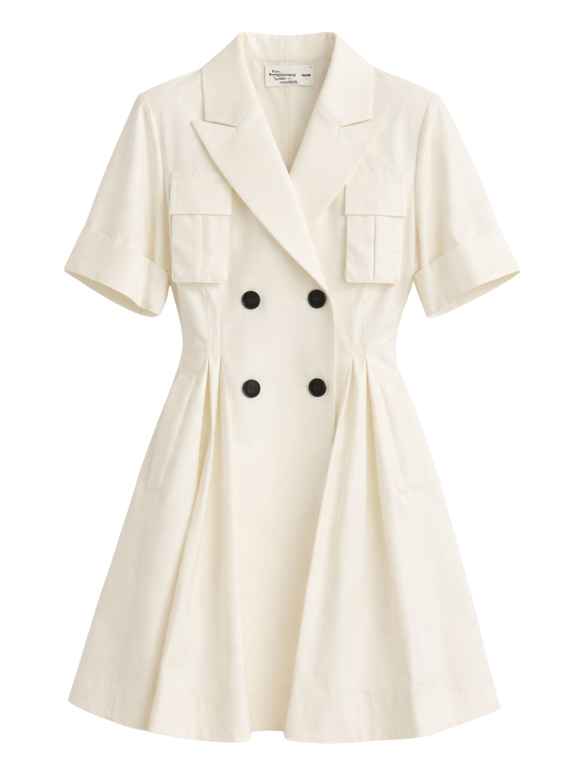 Short-Sleeved Dress with Collar and V-Neck, Flared Skirt and Patch Pockets