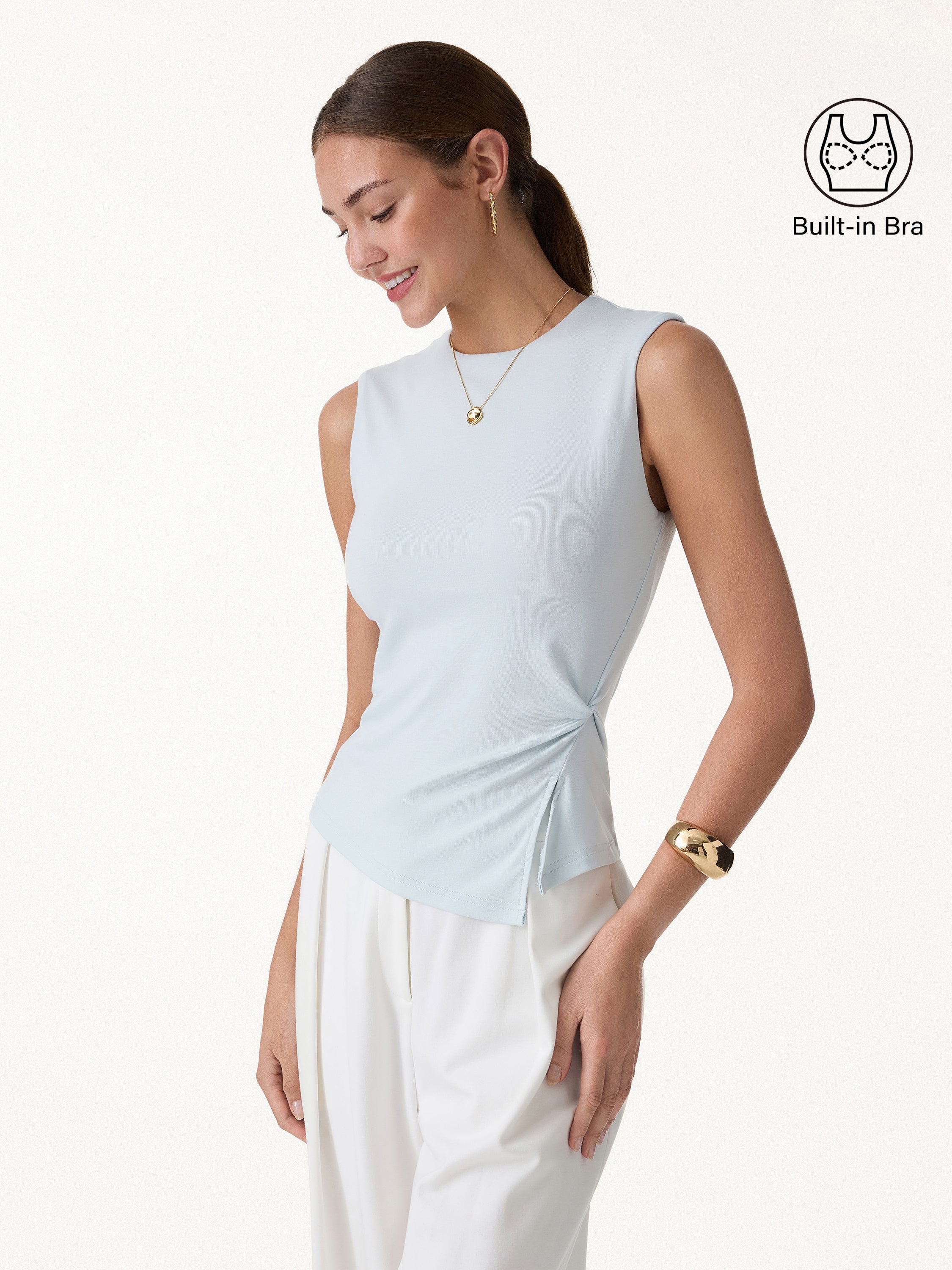 CoolTouch Round Neck Twisted Bra Tank with Slit - Icy Whisper Blue