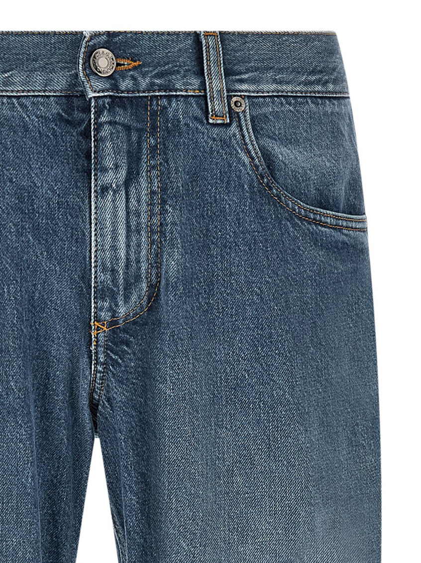 Blue Five-Pocket Jeans With Logo Embroidered On The Back In Denim Man