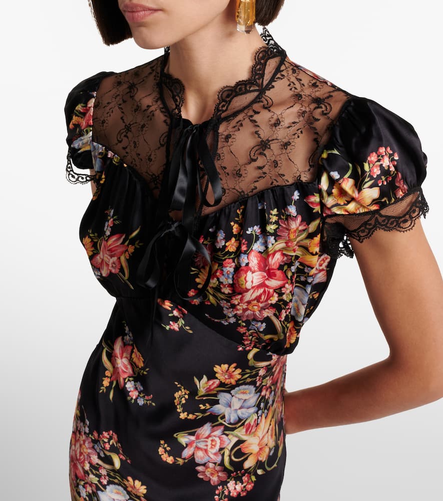 Floral lace-trimmed silk midi dress