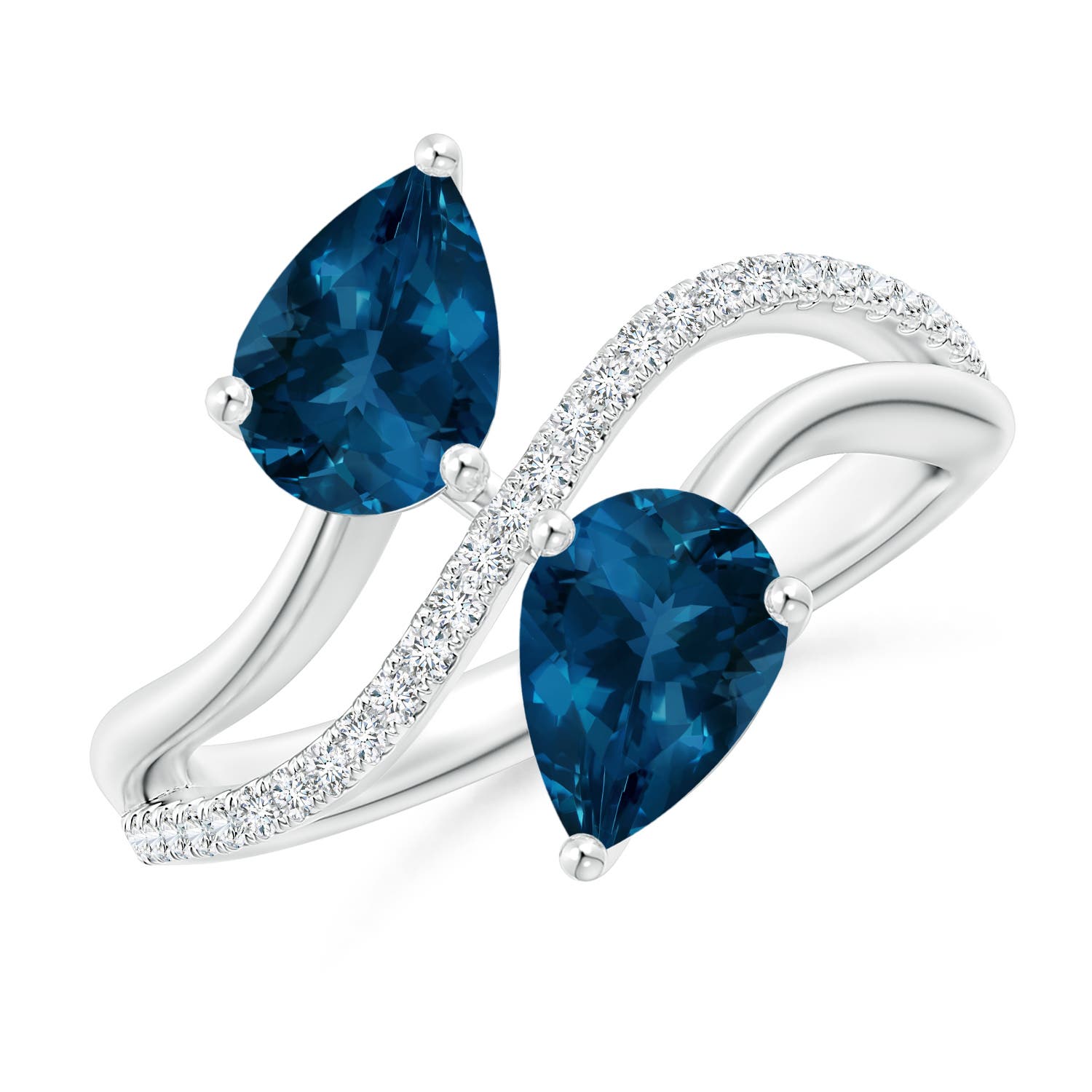 Angara 3.1 Carats Pear-Shaped London Blue Topaz Two-Stone Bypass Ring in Platinum