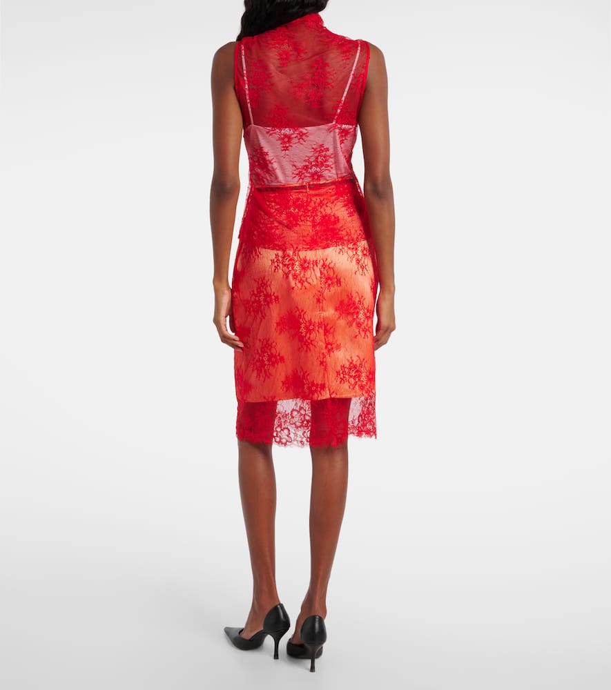 Embroidered leather-trimmed lace midi skirt