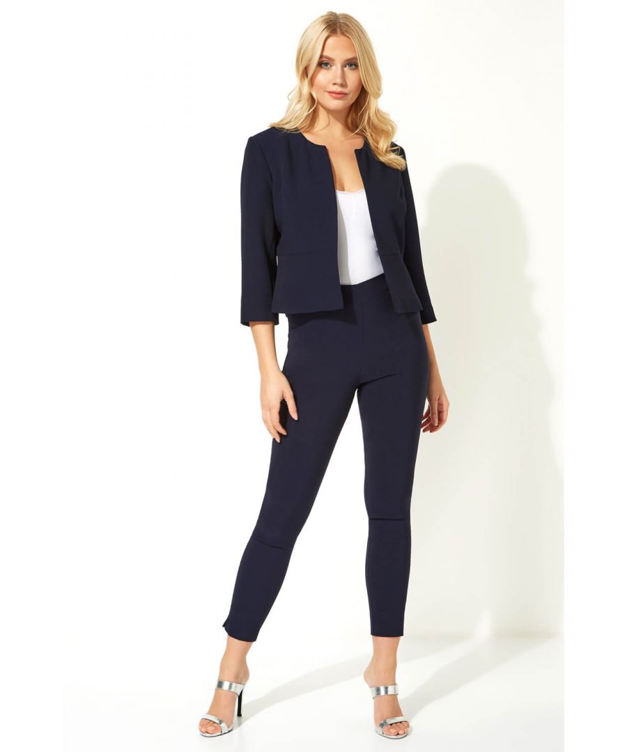 Roman Womens Cropped Bolero Tailored Jaquard Jacket Wedding Shrug Fitted Blazer - Navy