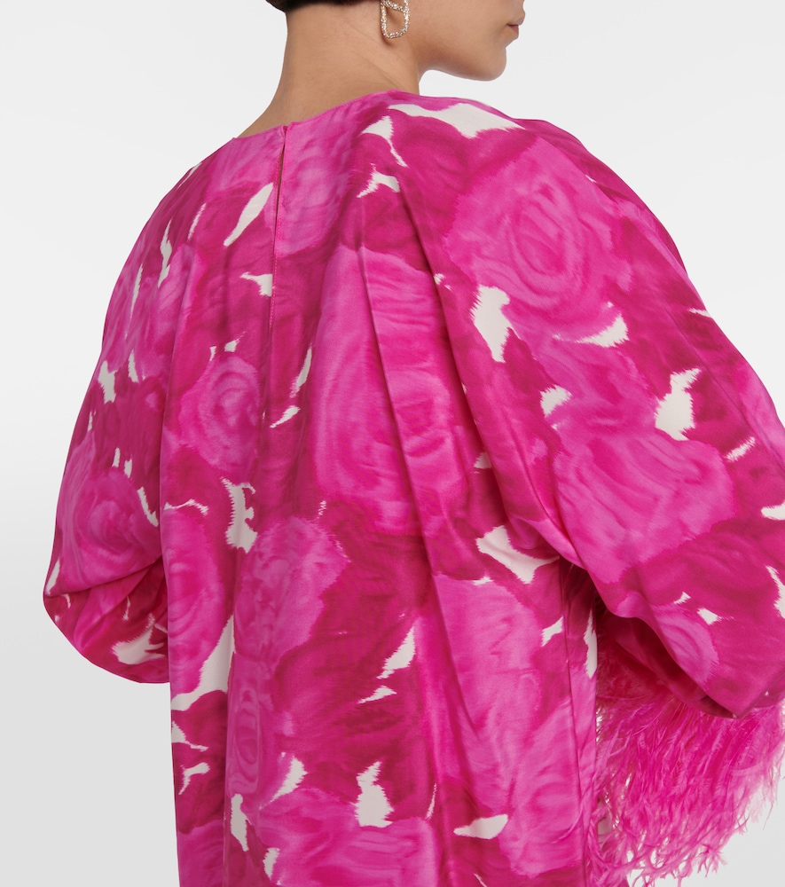 Floral feather-trimmed silk minidress