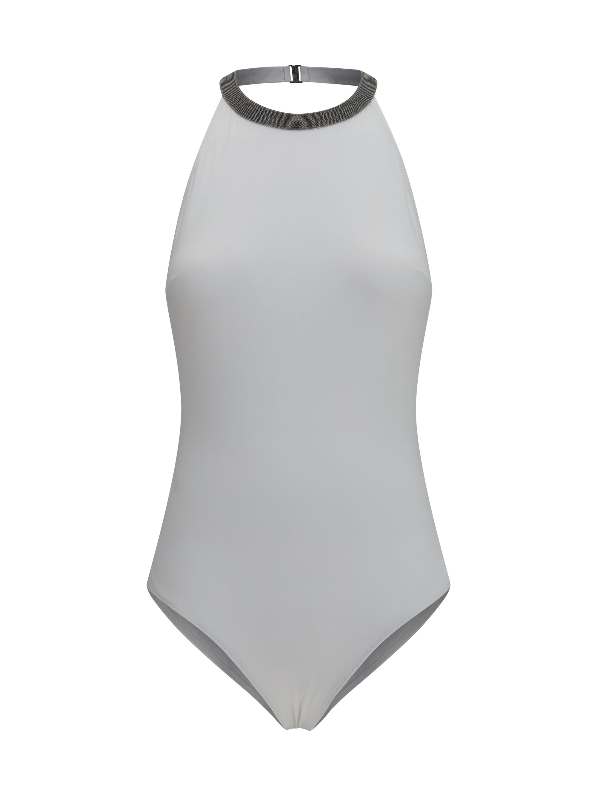 Monili-Embellished Halter Swimsuit — White