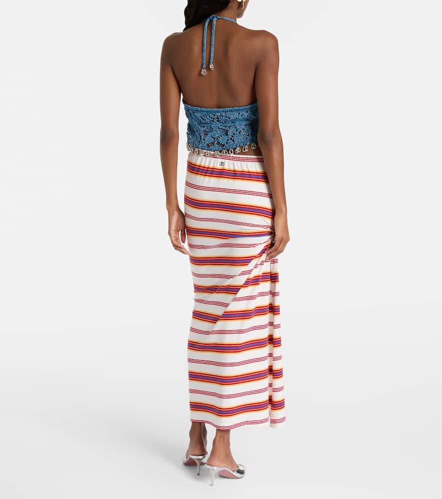 Gathered striped cotton-blend maxi skirt
