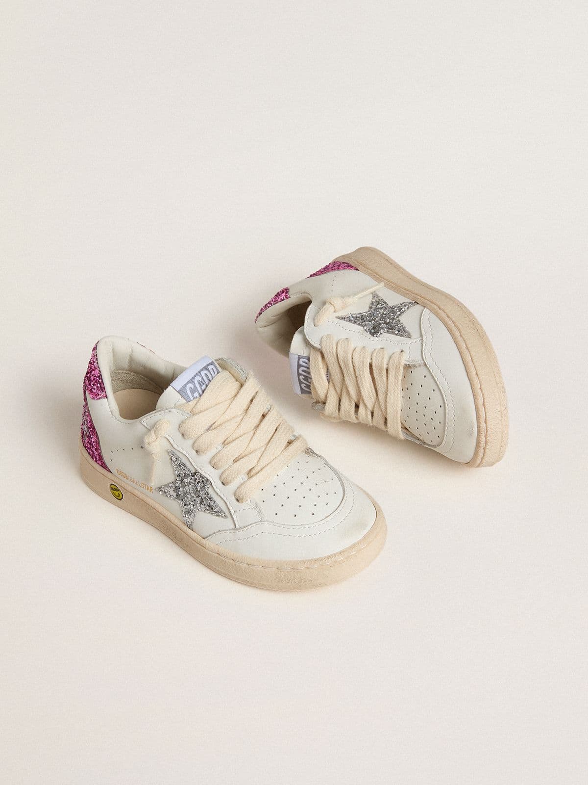 Golden Goose - Junior Ball Star With Silver Glitter Star And Pink Glitter Heel Tab