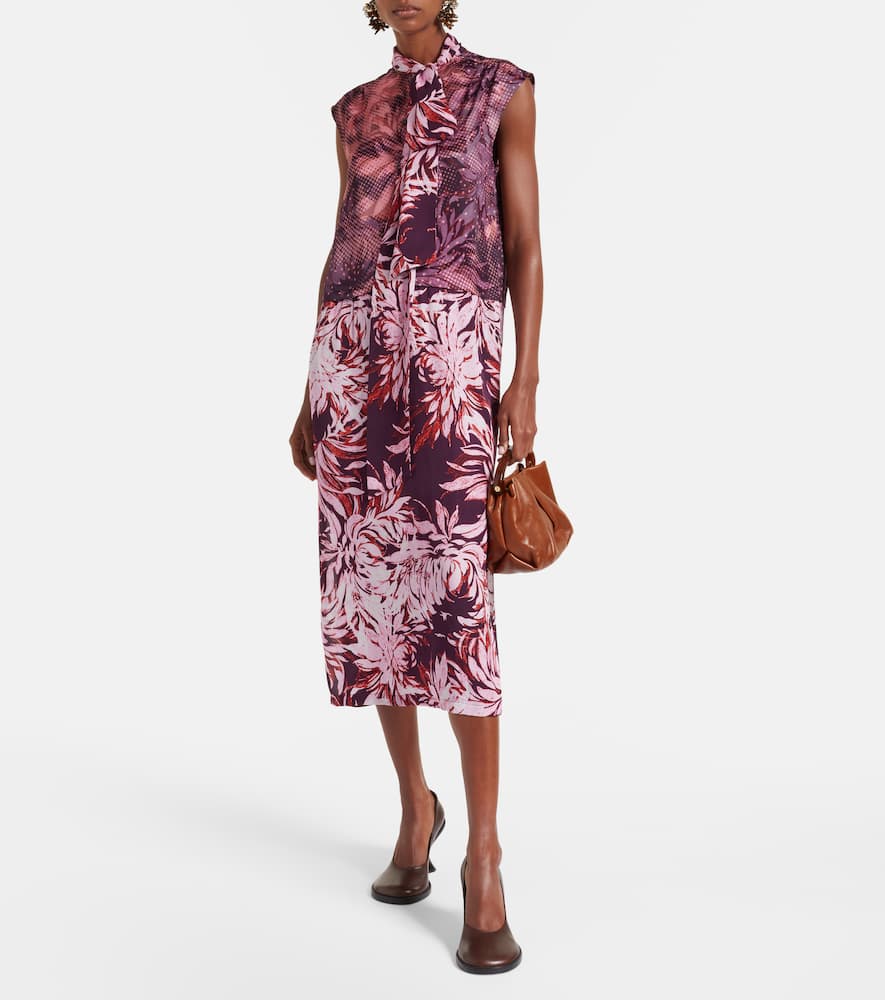Printed tie-neck midi dress