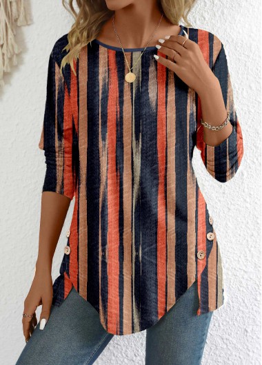 Modlily Multi Color Button Long Sleeve Round Neck T Shirt