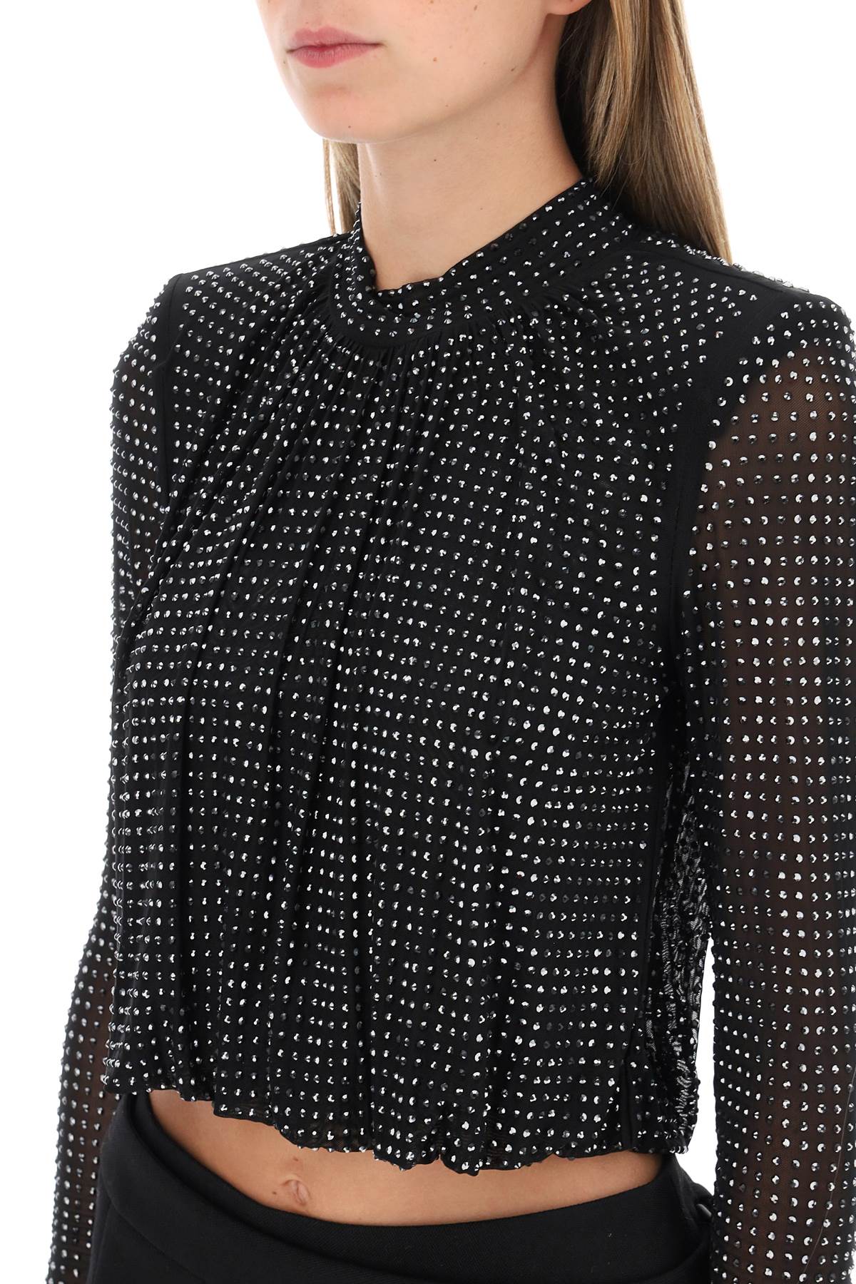 Rhinestone-Studded Mesh Long-Sleeved Top