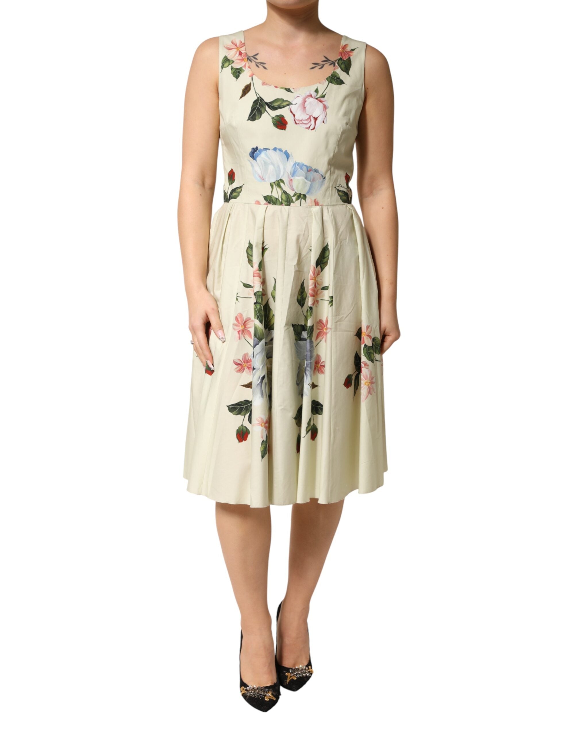 Floral-Print Cotton A-Line Dress — Beige