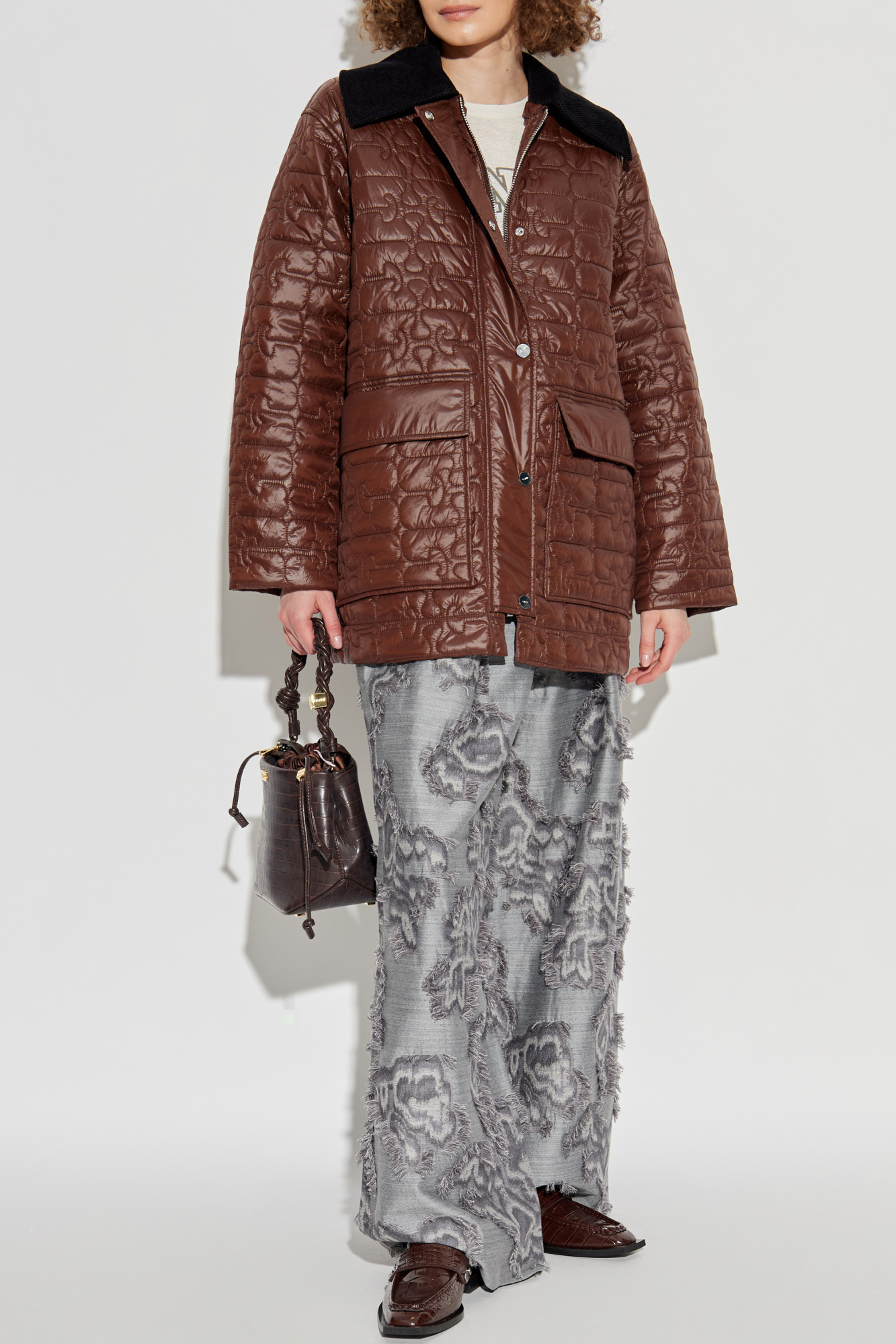 Quilted Jacket With Corduroy Collar, Women's, Brown