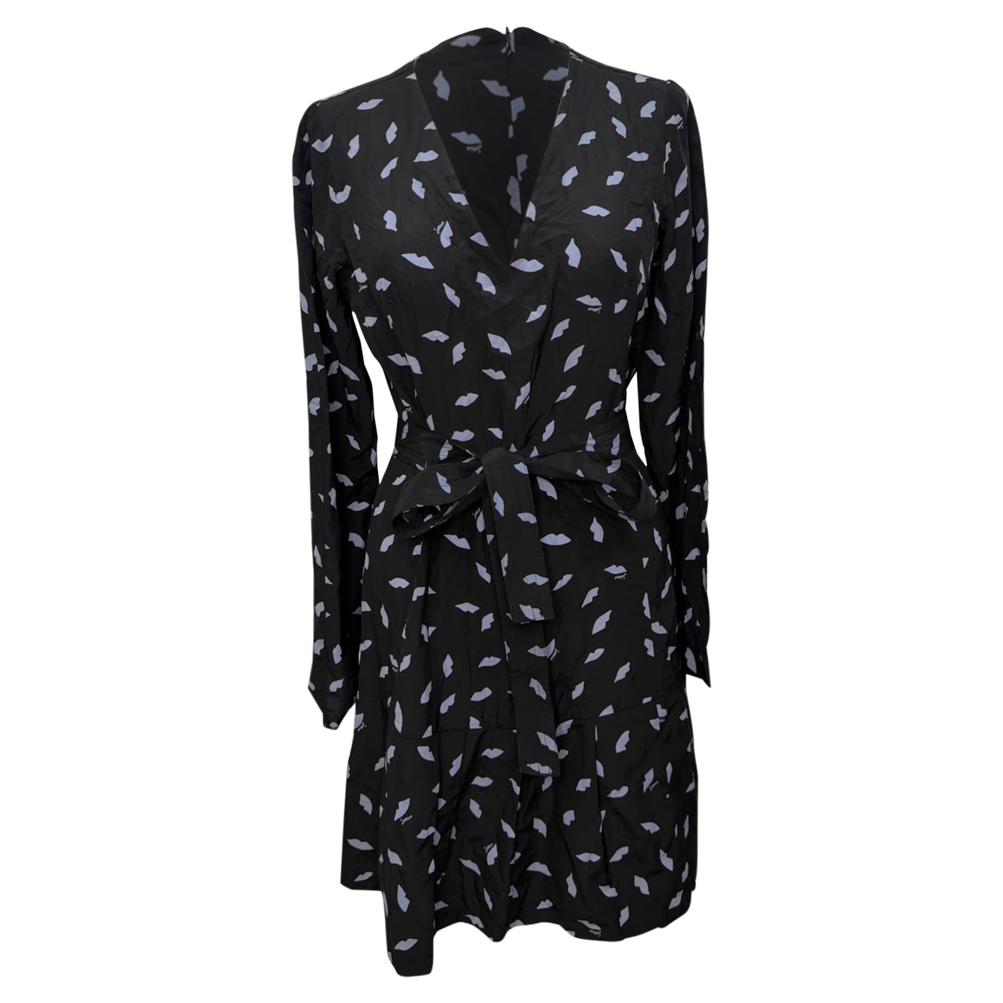 Drop Waist Lips Print Midi Dress in Black Silk