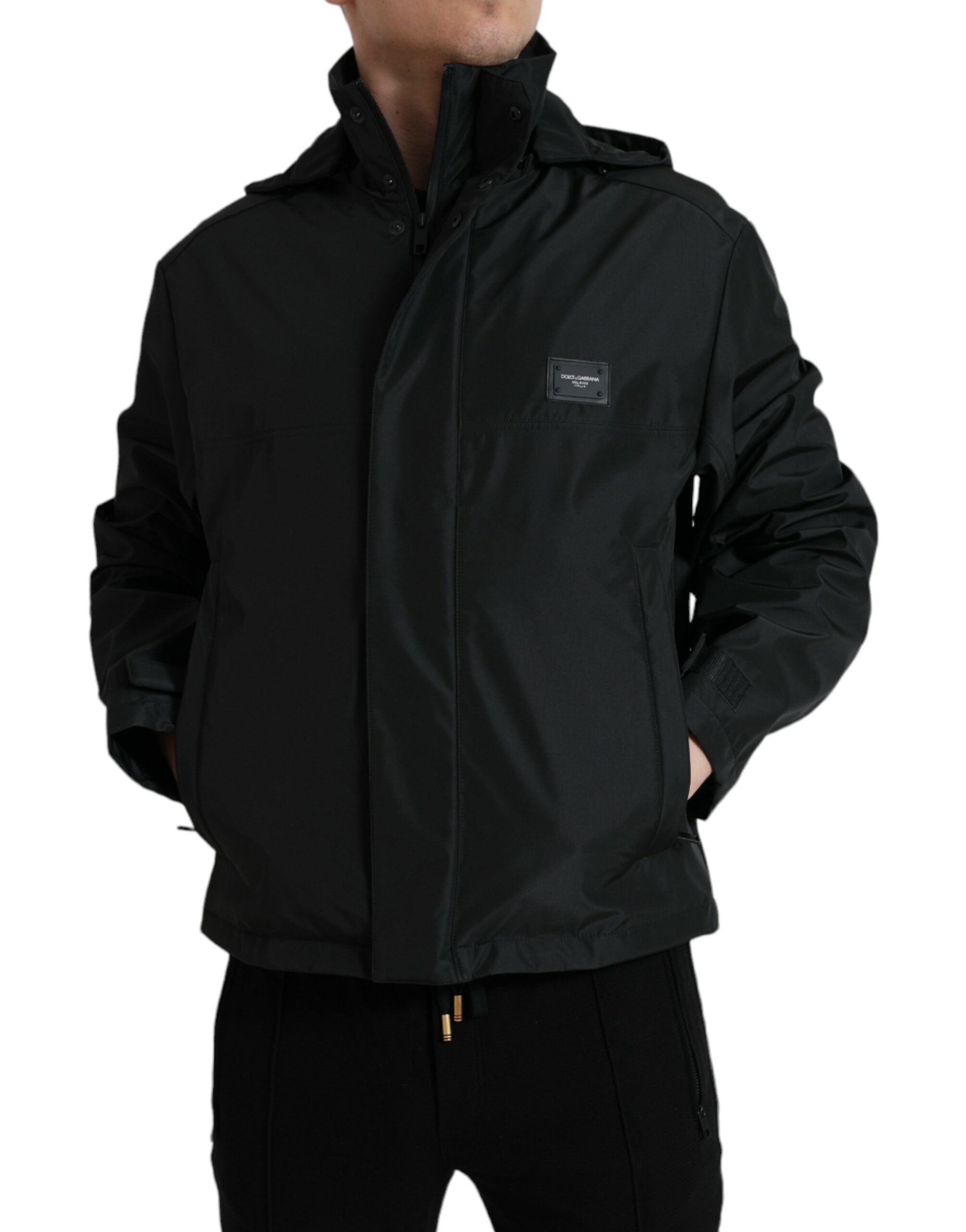 Logo-Plaque Hooded Windbreaker Jacket — Black