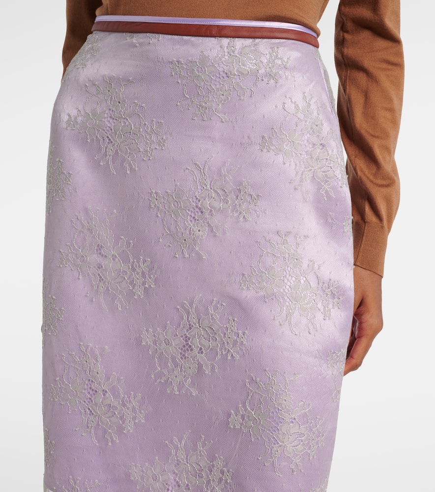 Embroidered leather-trimmed lace midi skirt