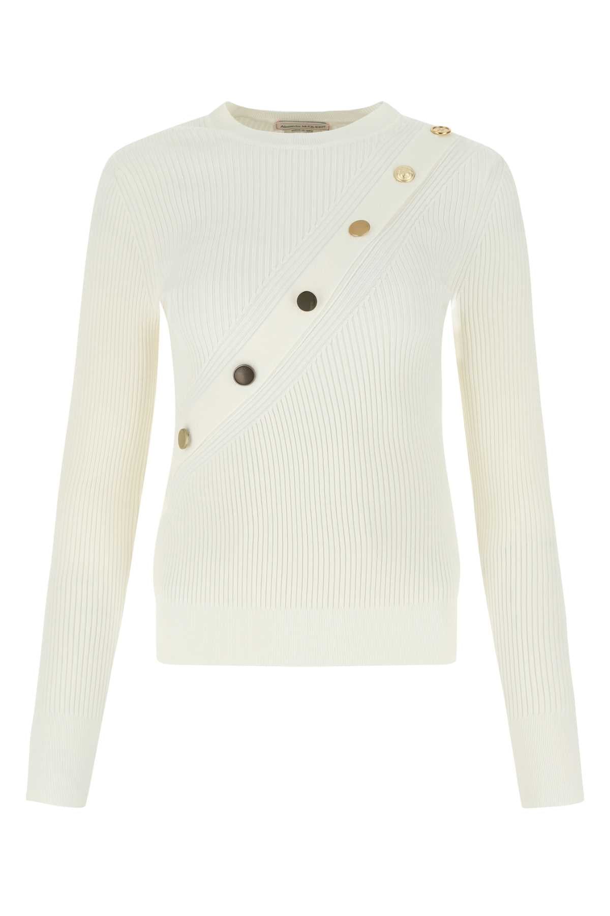Button-Embellished Ribbed Viscose Sweater — Ivory